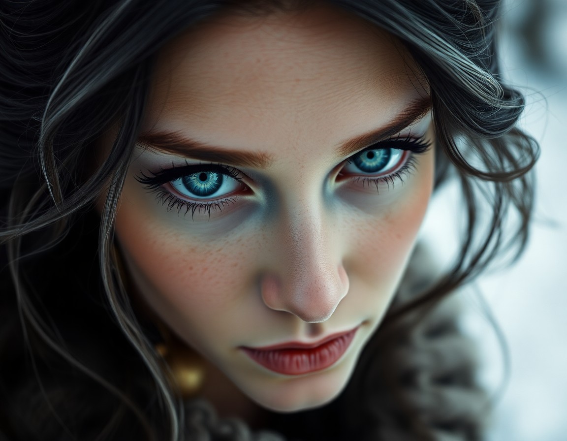 AI generated art for prompt: A photorealistic portrait of a European woman with icy blue eyes framed by dark lashes, her enigmati