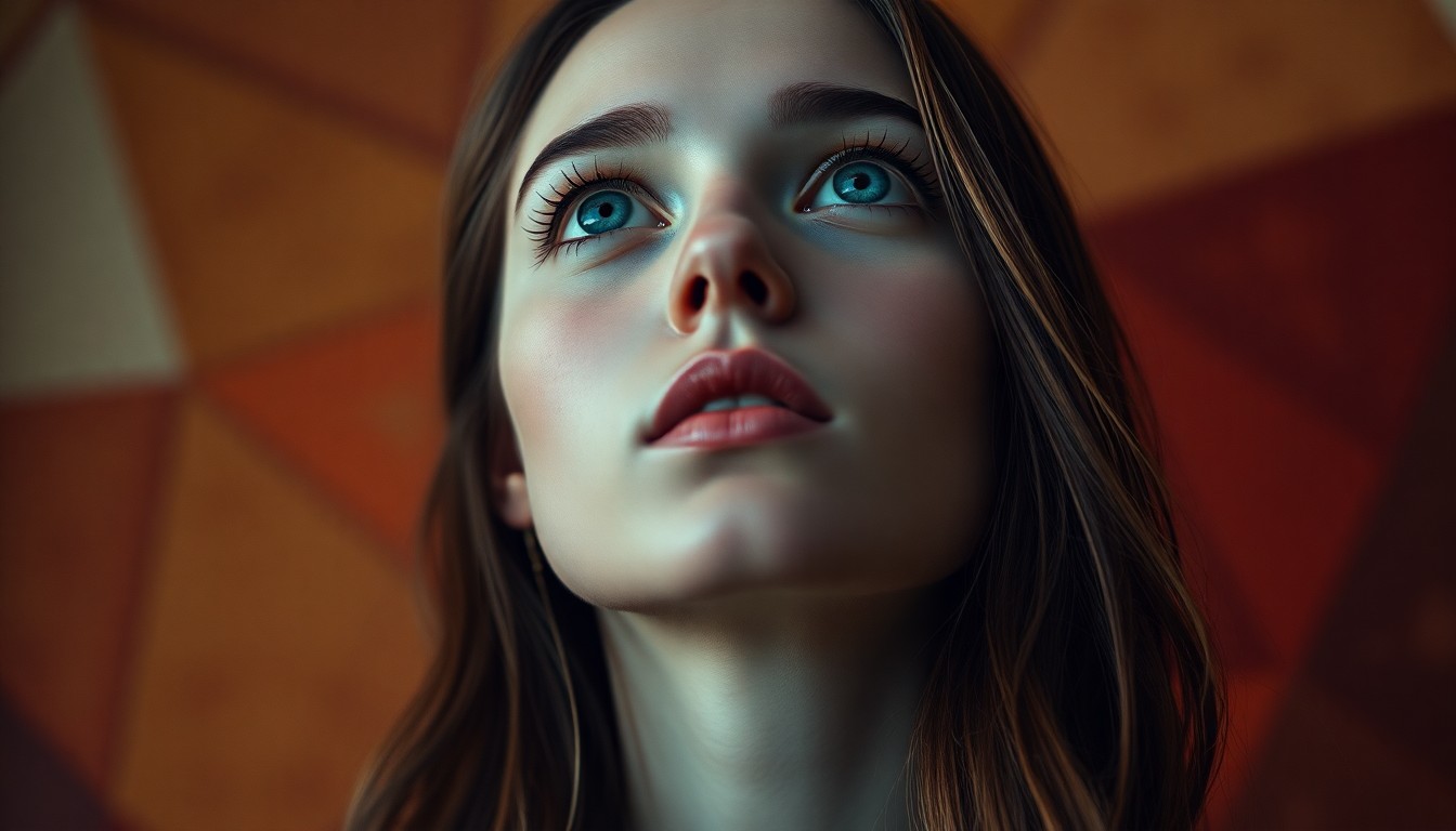 AI generated art for prompt: A photorealistic portrait of a young European woman exudes enigma with her piercing ice-blue eyes an