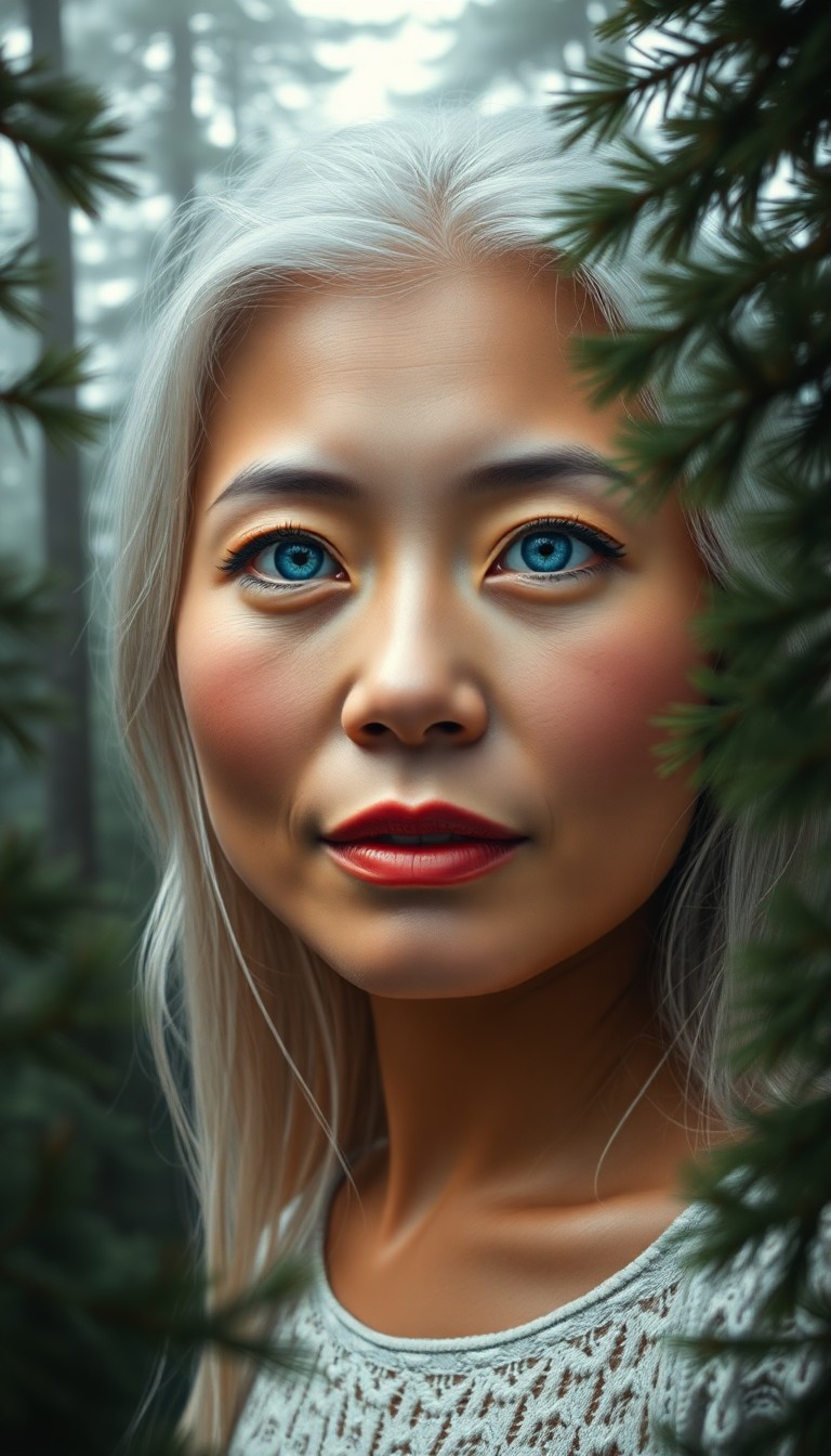 AI generated art for prompt: A photorealistic portrait of a Pacific Islander woman with piercing blue eyes and silvery-white hair