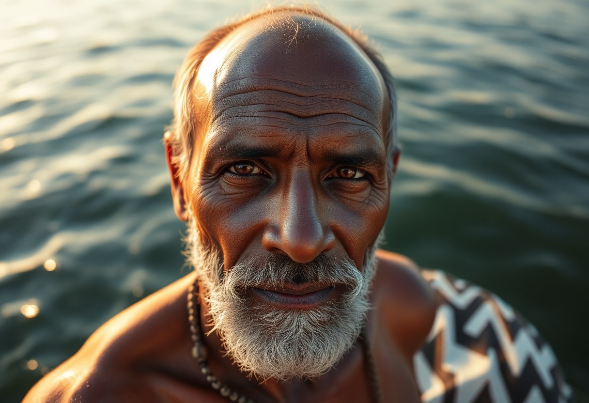 AI generated art for prompt: A photorealistic smartphone portrait captures an African fisherman's weathered visage—deep-set brown