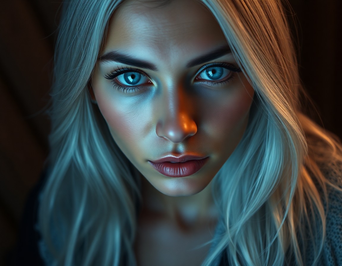 AI generated art for prompt: A photorealistic portrait showcases a Hispanic woman with mesmerizing ice-blue eyes and silver-white