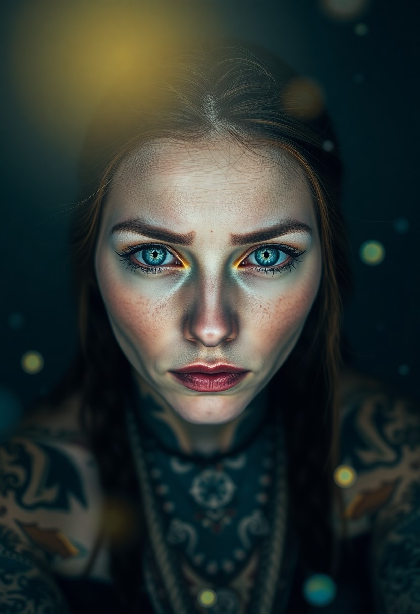 AI generated art for prompt: A captivating portrait photograph presents an enigmatic Native American woman with piercing ice-blue