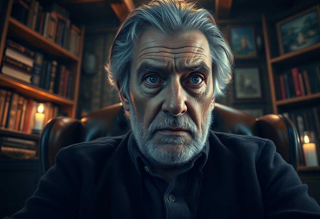 AI generated art for prompt: A photorealistic portrait of a distinguished Slavic man in his sixties showcases striking blue eyes 