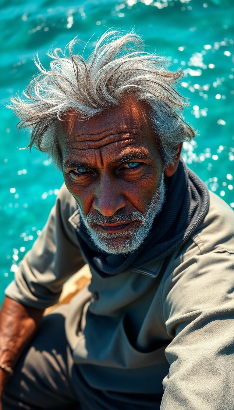 AI generated art for prompt: A photorealistic portrait photo captures a stoic South Asian fisherman with chiseled features and pi