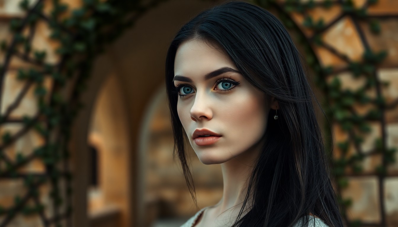 AI generated art for prompt: A DSLR portrait captures a Slavic woman's enigmatic presence, her piercing blue eyes and porcelain s