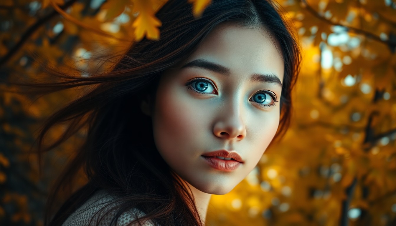 AI generated art for prompt: A portrait photograph showcases an East Asian woman with fair skin and striking blue eyes amidst a v