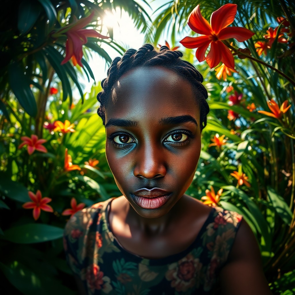 AI generated art for prompt: Envision an ultrarealistic portrait of a serene African woman with warm hazel eyes and dark, tightly