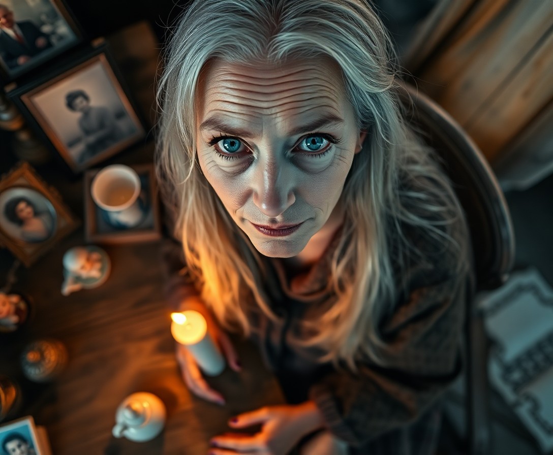 AI generated art for prompt: Craft an iPhone portrait of a wise Nordic woman with deep blue eyes and long silver hair, captured f