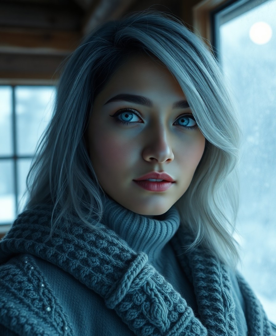 AI generated art for prompt: Envision a super-realistic portrait of an enigmatic South Asian woman with mesmerizing ice-blue eyes