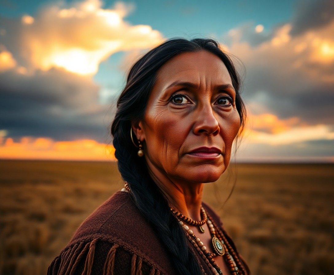 AI generated art for prompt: A portrait photograph showcases a formidable Native American woman in her mid-forties with striking 