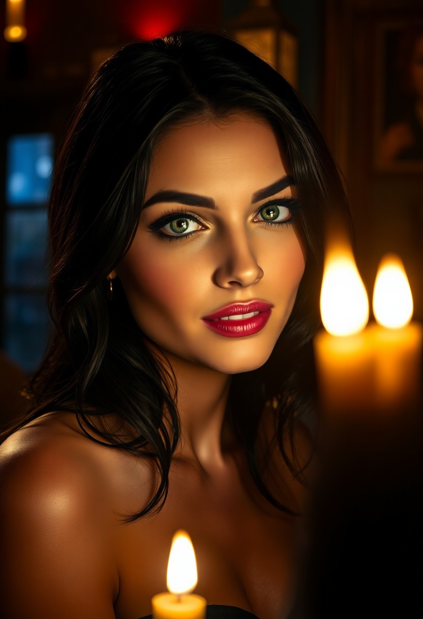 AI generated art for prompt: A photorealistic portrait depicts an Eastern European woman with captivating green eyes and raven ha