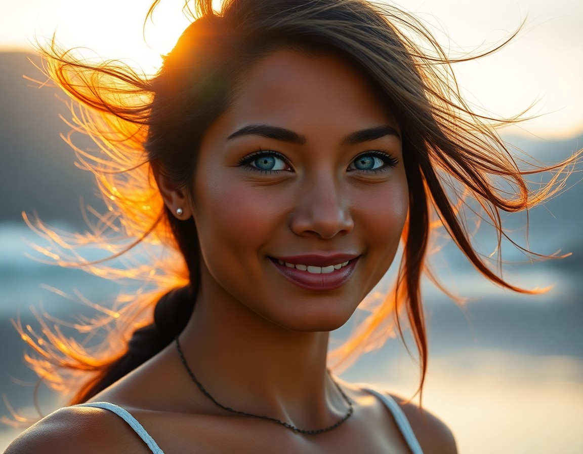 AI generated art for prompt: A mesmerizing hyperrealistic portrait of a Pacific Islander woman with piercing blue eyes and delica