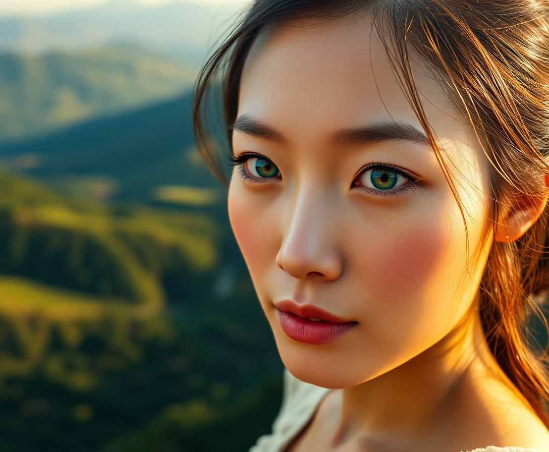 AI generated art for prompt: A photorealistic aerial portrait of an East Asian woman in her late 30s reveals striking emerald eye