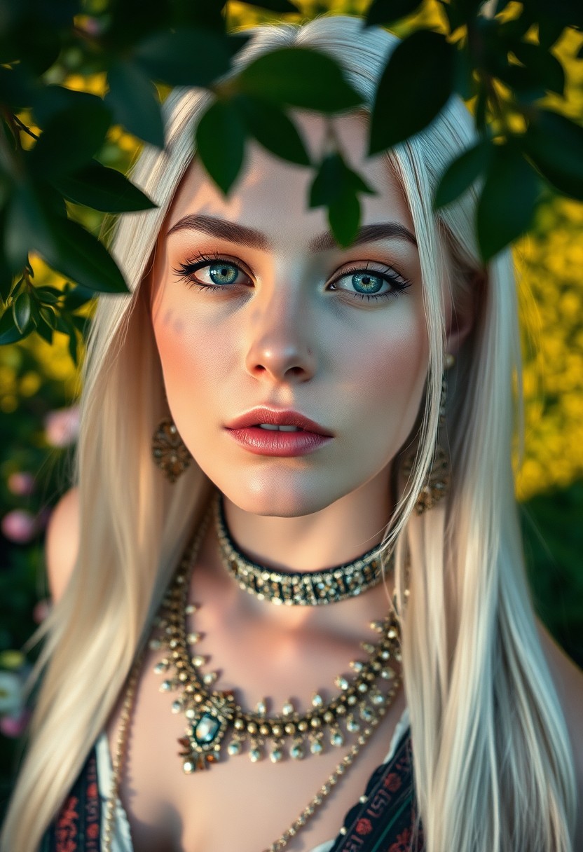 AI generated art for prompt: Envision a photorealistic portrait of an enigmatic Nordic woman with captivating green eyes, capture