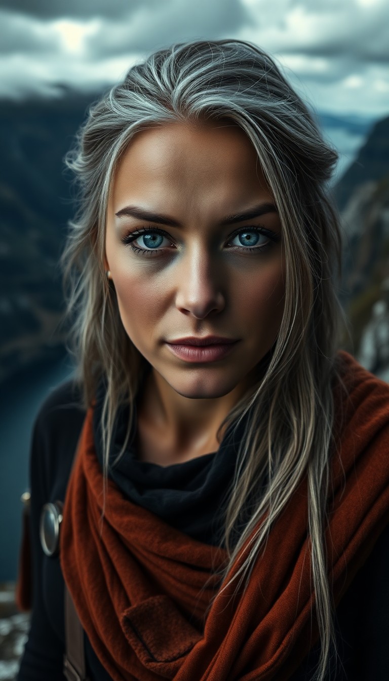 AI generated art for prompt: A captivating Middle Eastern woman with piercing blue eyes and long silver-streaked hair stands reso