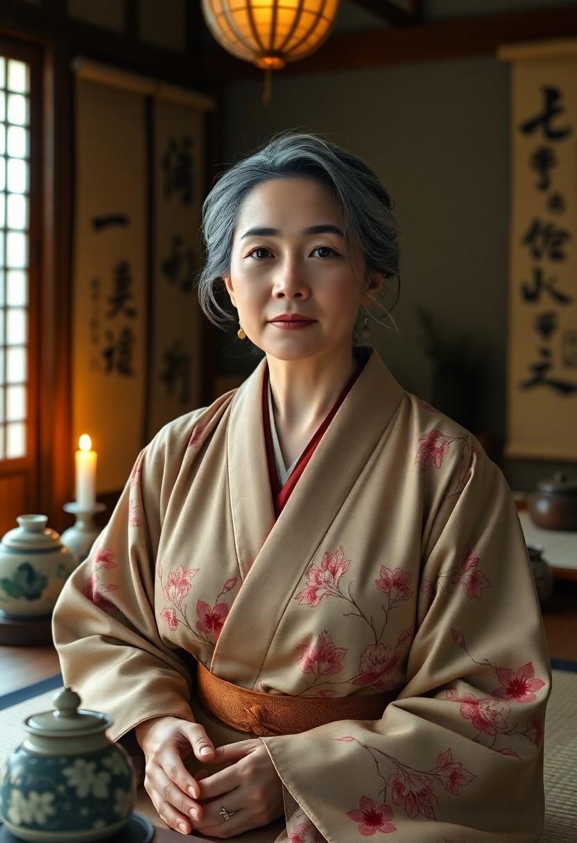 AI generated art for prompt: A photorealistic portrait depicts a middle-aged East Asian woman gracefully seated in seiza position