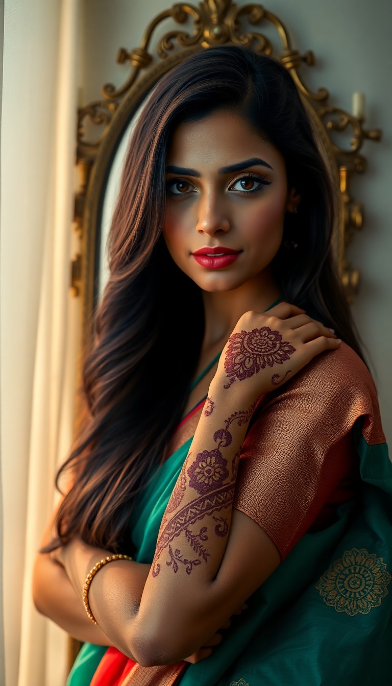 AI generated art for prompt: A hyperrealistic portrait focuses on a 35-year-old South Asian woman with warm brown eyes and long, 