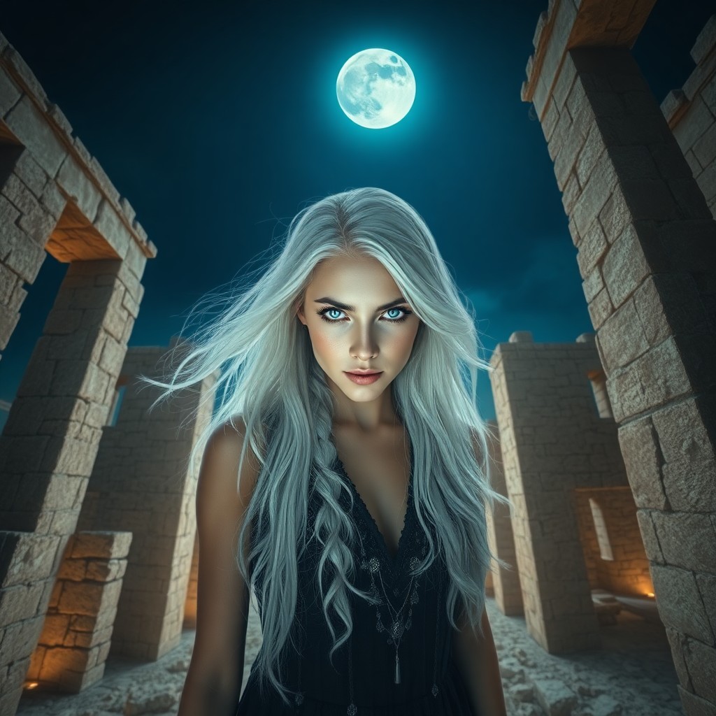 AI generated art for prompt: Ethereal moonlight illuminates an enigmatic Middle Eastern woman with piercing ice-blue eyes and flo