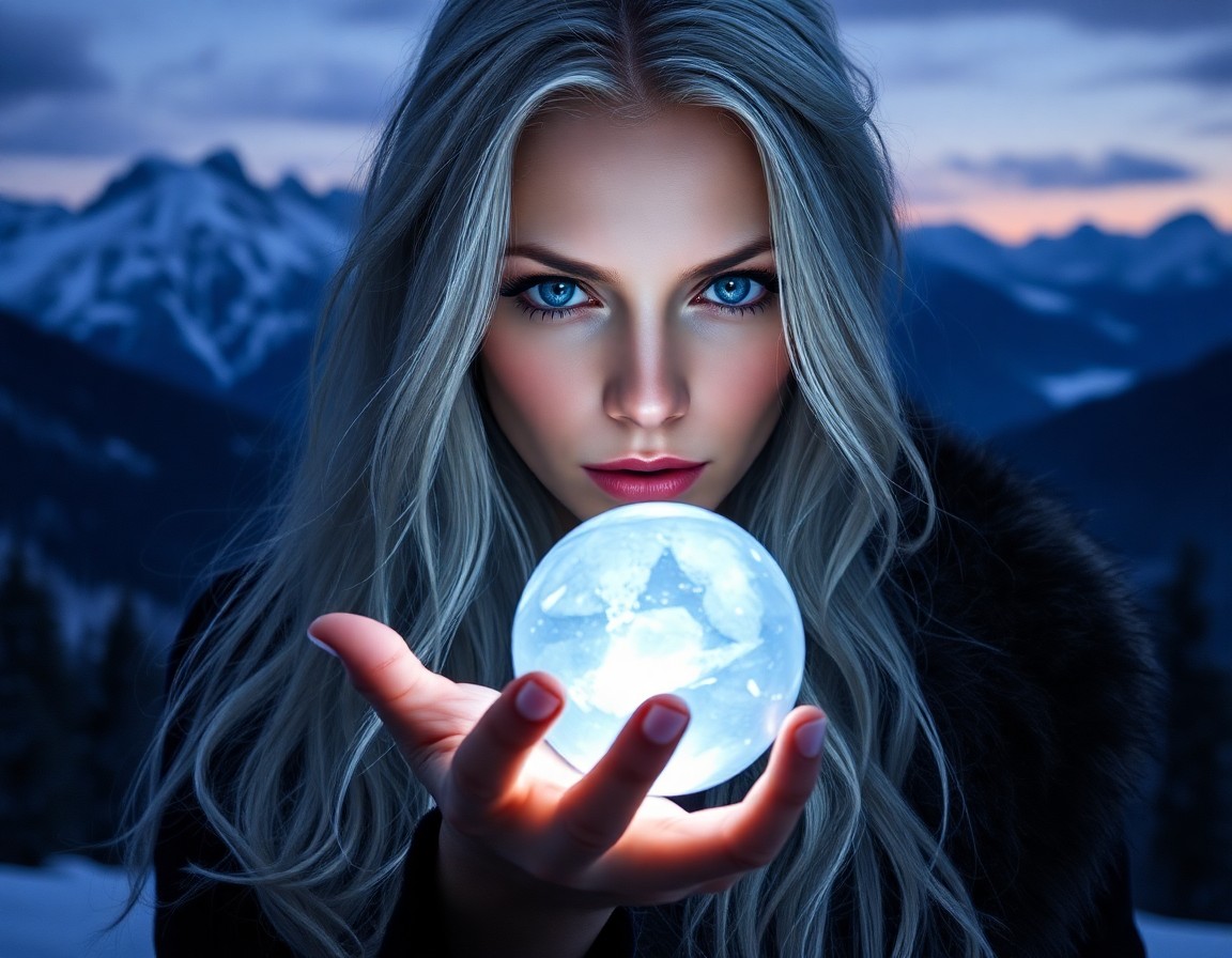 AI generated art for prompt: Envision a portrait photograph showcasing an enigmatic Nordic sorceress with piercing blue eyes and 