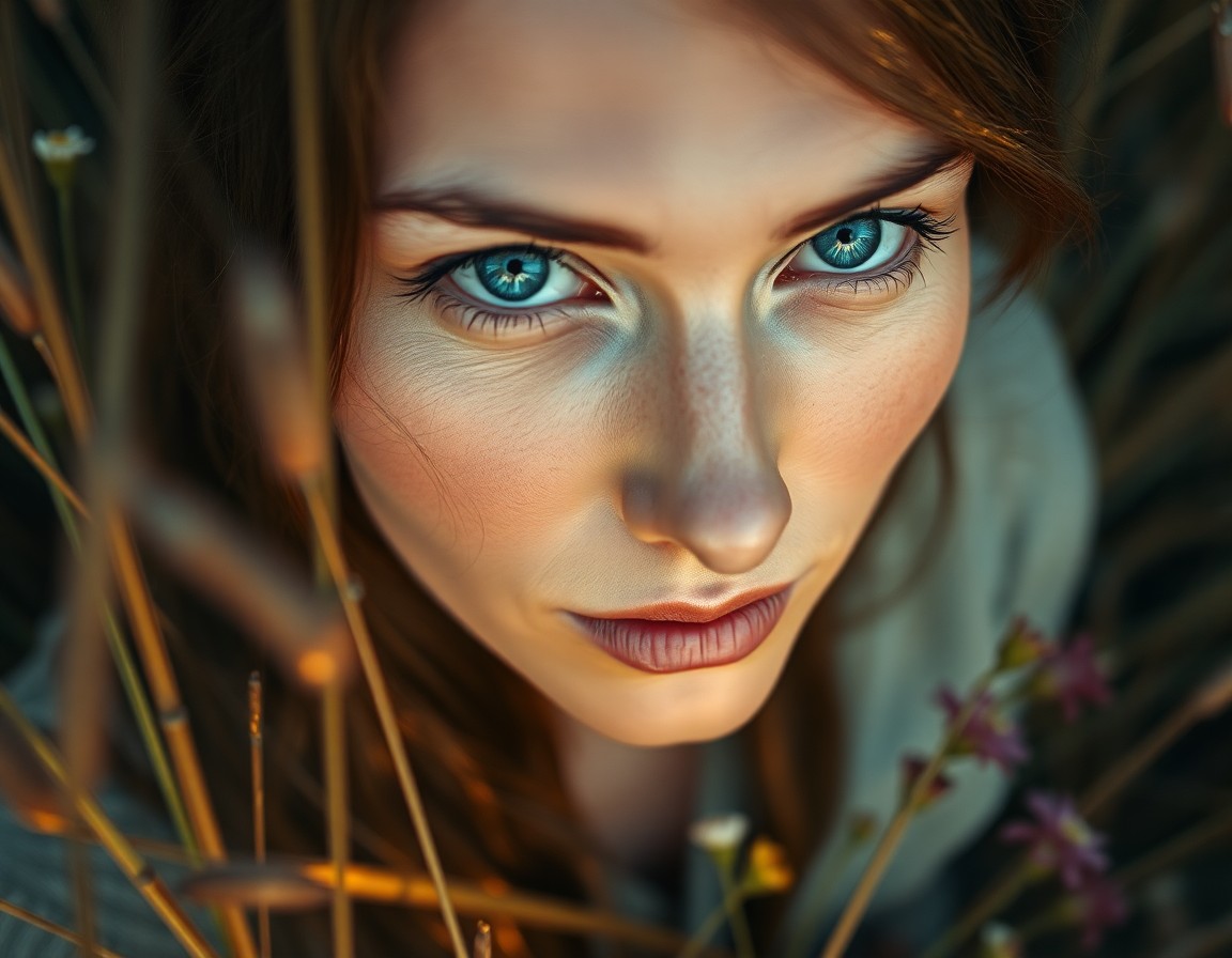 AI generated art for prompt: A photorealistic portrait photograph captures an Eastern European woman's soulful blue eyes and deli