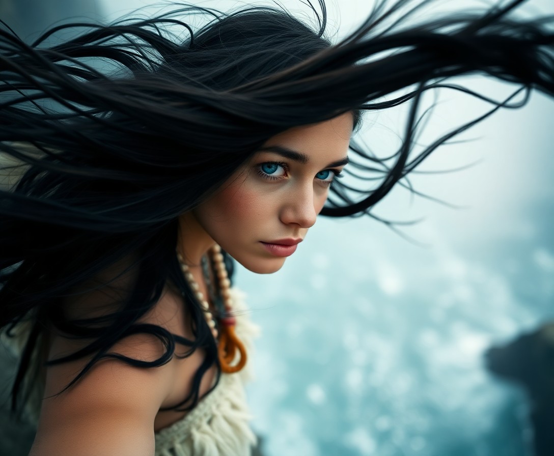 AI generated art for prompt: An iPhone portrait photograph captures a Native American woman with icy blue eyes and raven-black ha