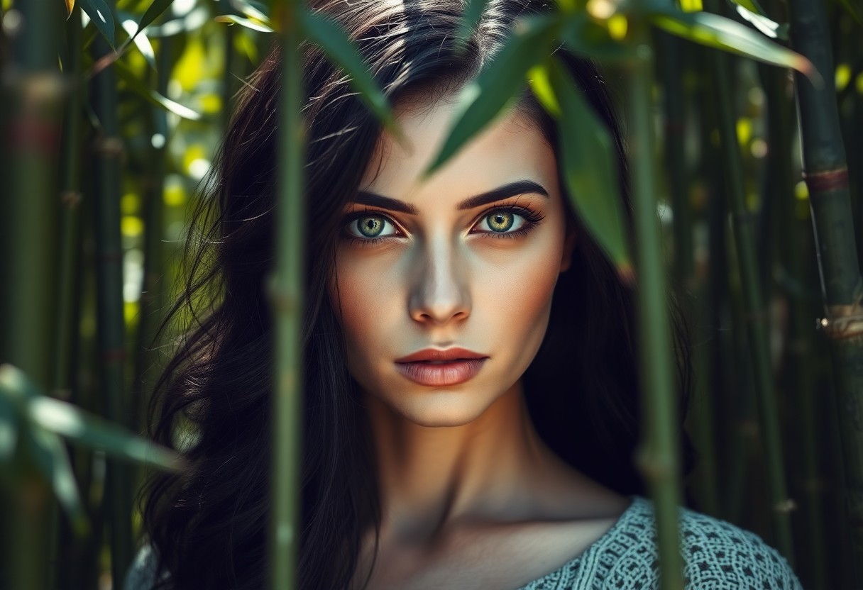 AI generated art for prompt: Envision a serene portrait of an enigmatic Eastern European woman with vibrant green eyes and cascad