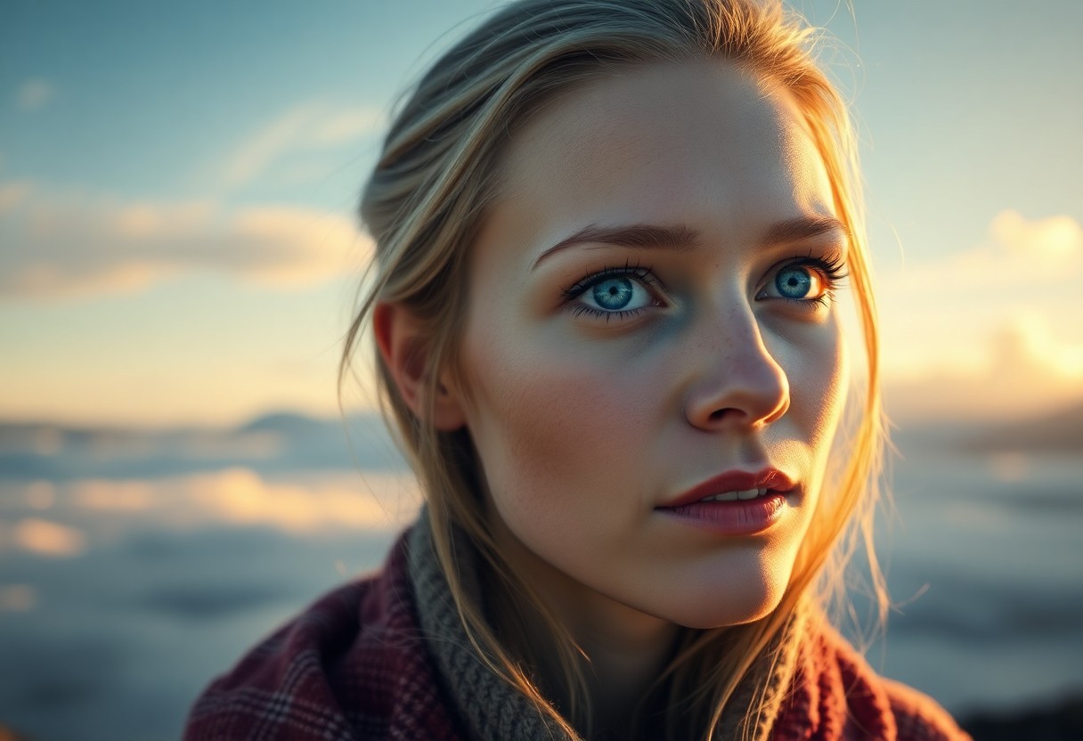 AI generated art for prompt: A super-realistic portrait focuses on a European woman with captivating ice-blue eyes and flawless p