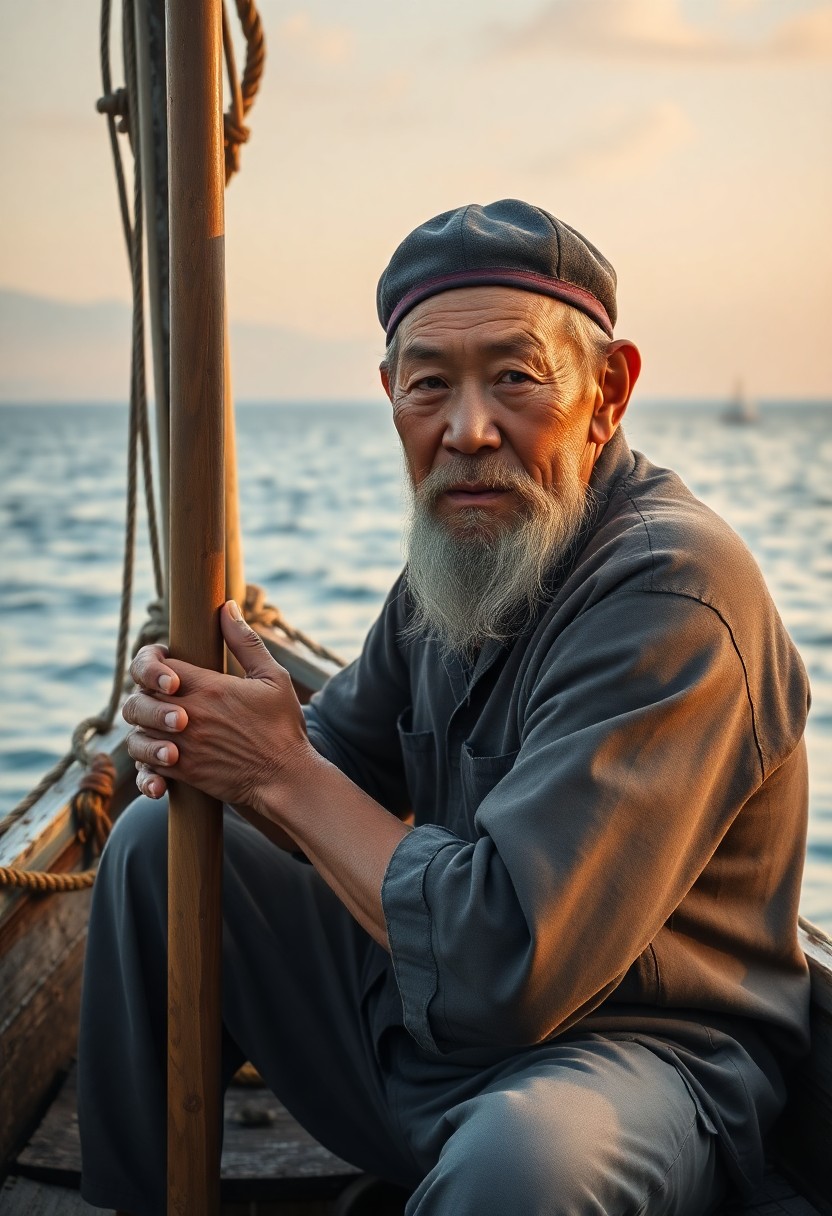 AI generated art for prompt: Craft a hyperrealistic portrait of an aged Japanese-American fisherman with piercing amber eyes and 