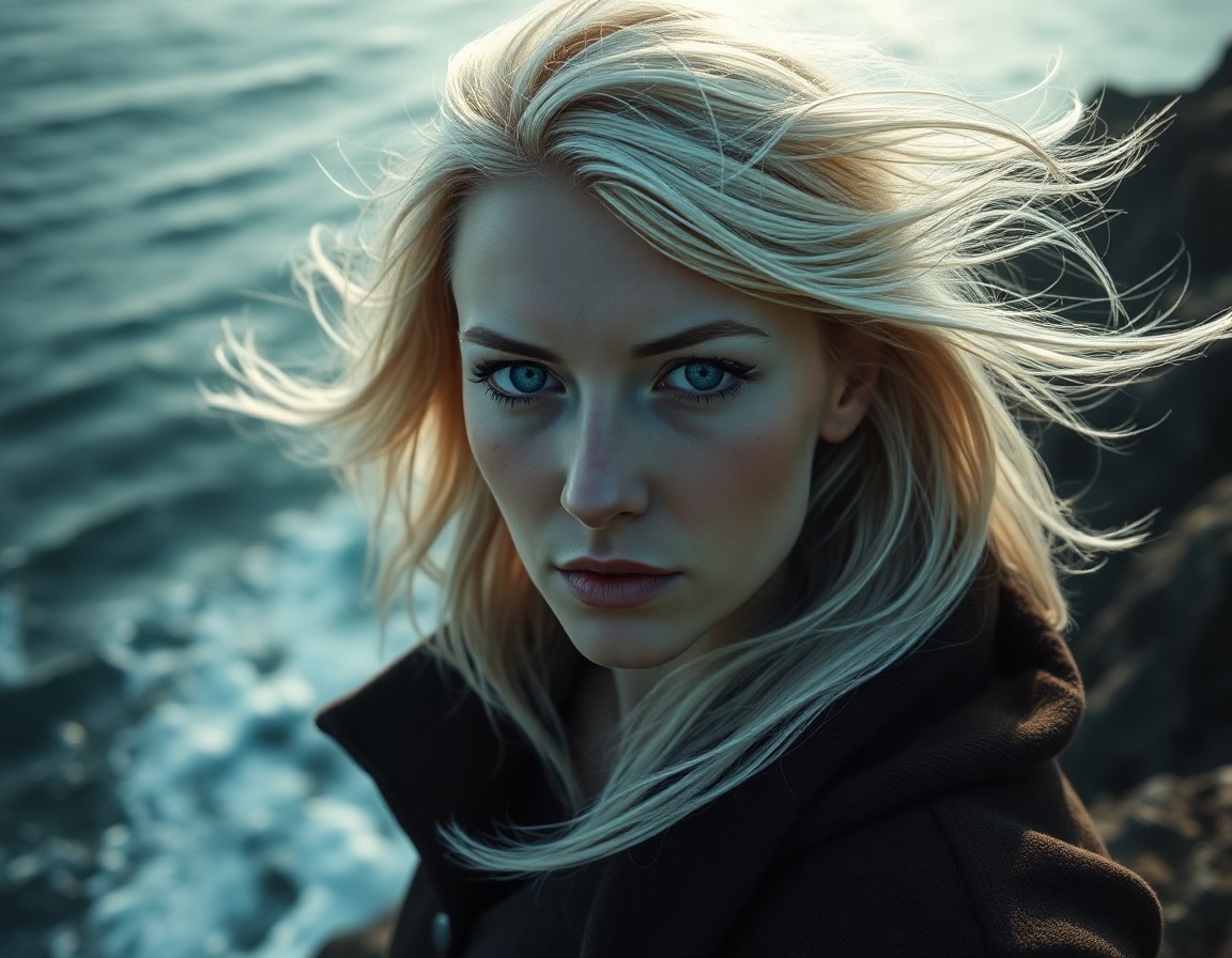 AI generated art for prompt: A portrait photograph depicts an enigmatic European woman with piercing blue eyes and icy-blonde hai