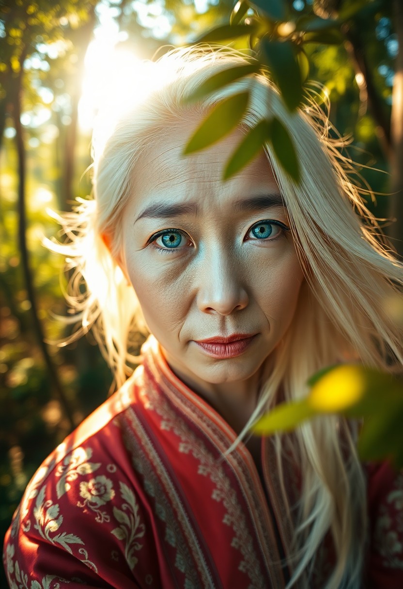 AI generated art for prompt: Envision a captivating portrait of an East Asian woman with striking blue eyes and flowing platinum 