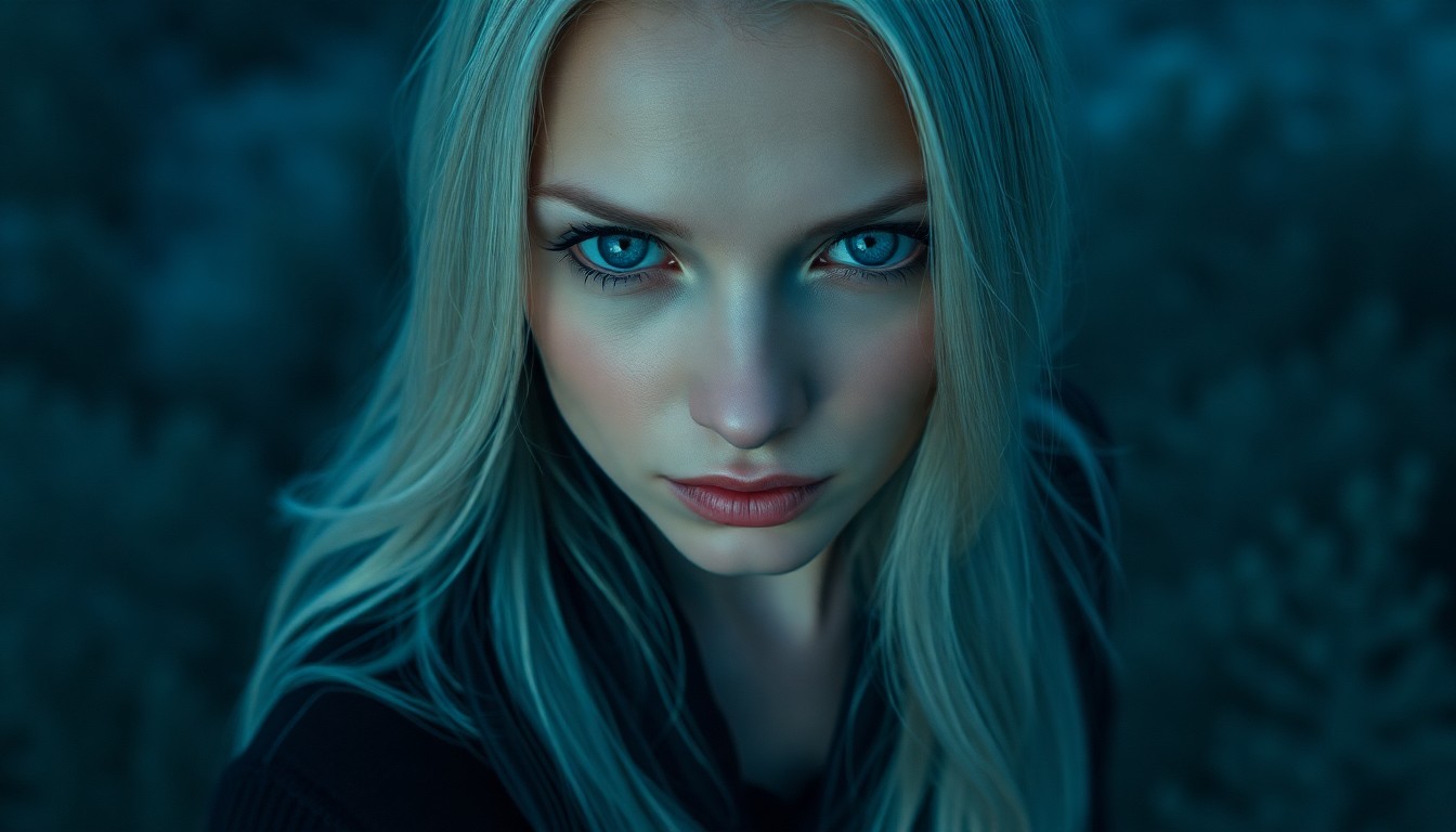 AI generated art for prompt: An enigmatic portrait photo reveals a Nordic woman's captivating presence. Her piercing blue eyes co