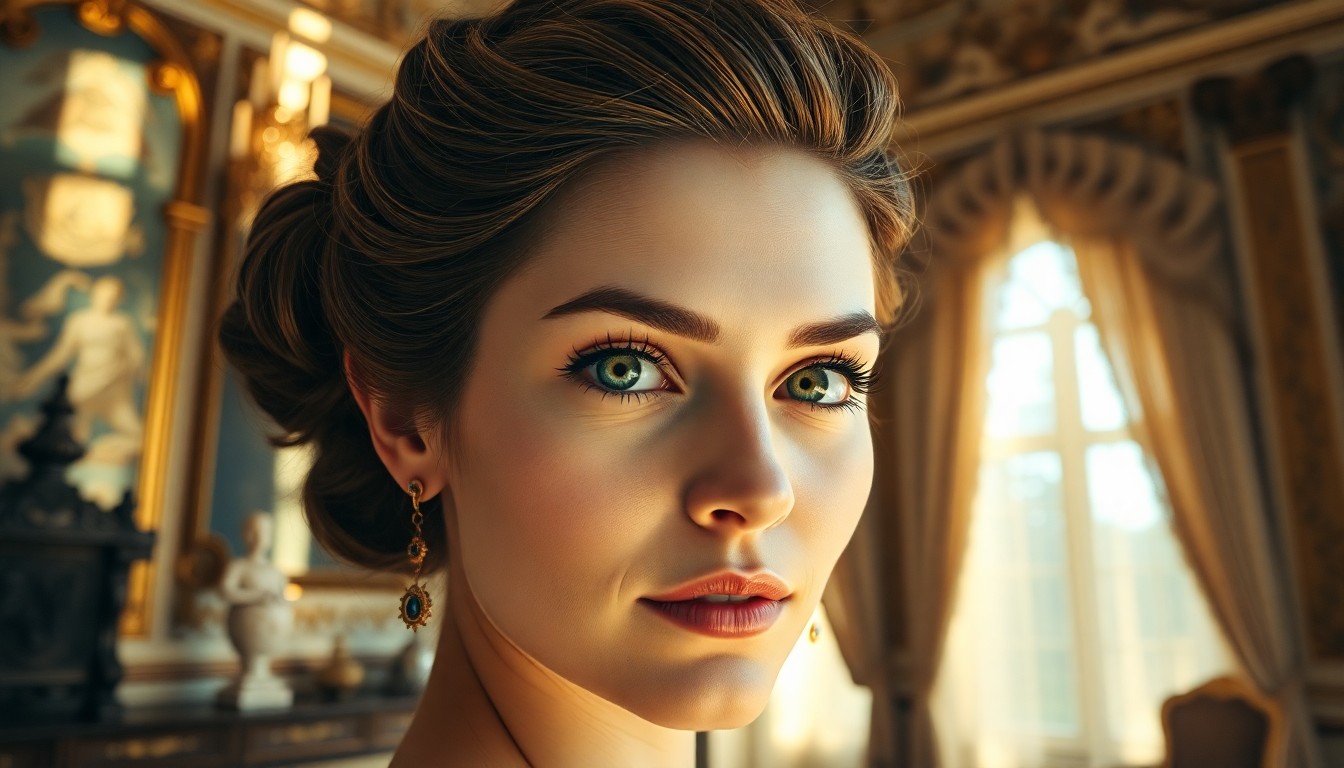 AI generated art for prompt: A mirrorless camera captures an Eastern European woman's enigmatic gaze, her captivating emerald eye