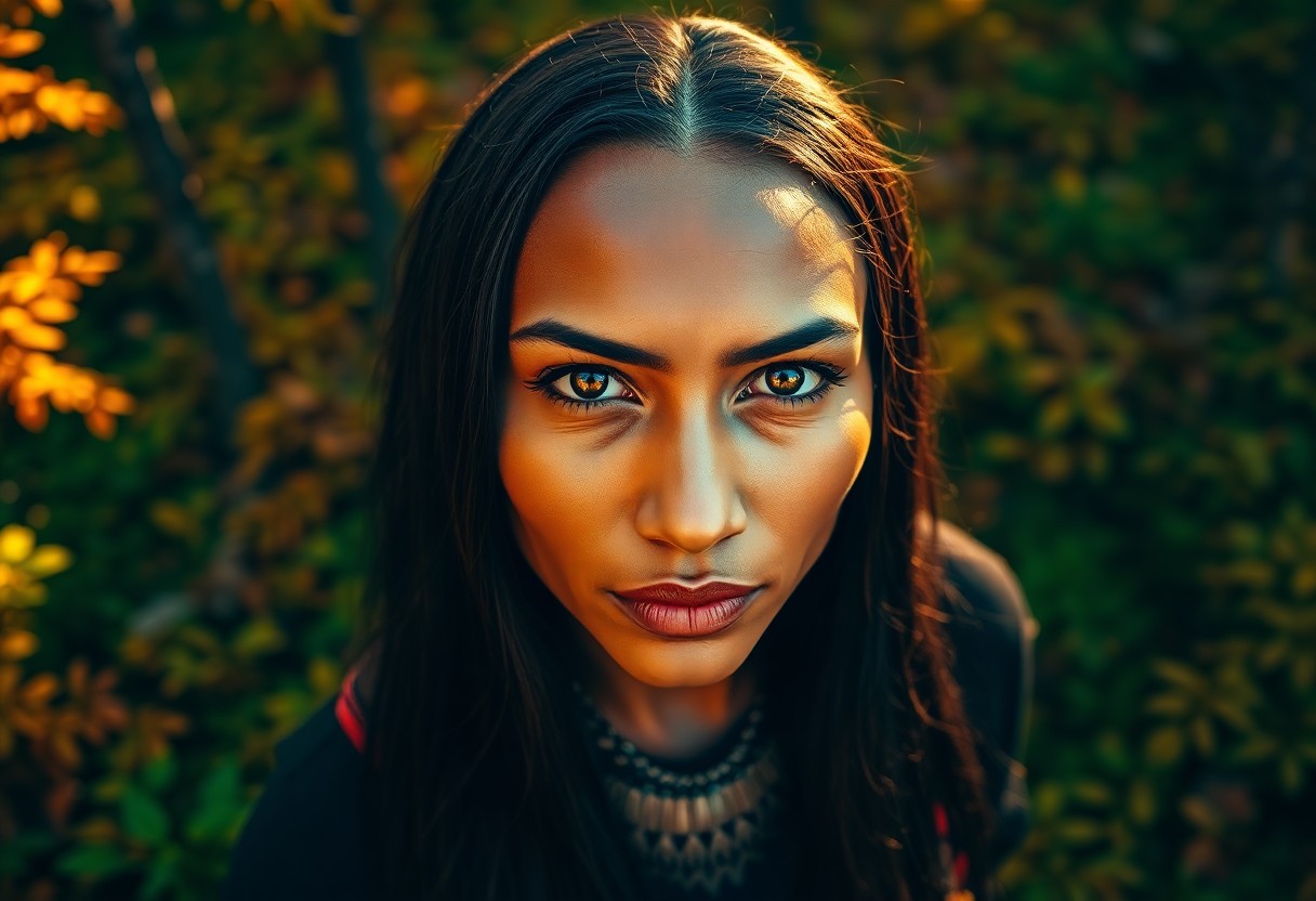 AI generated art for prompt: A photorealistic DSLR portrait captures an enigmatic Native American woman in her prime, showcasing 