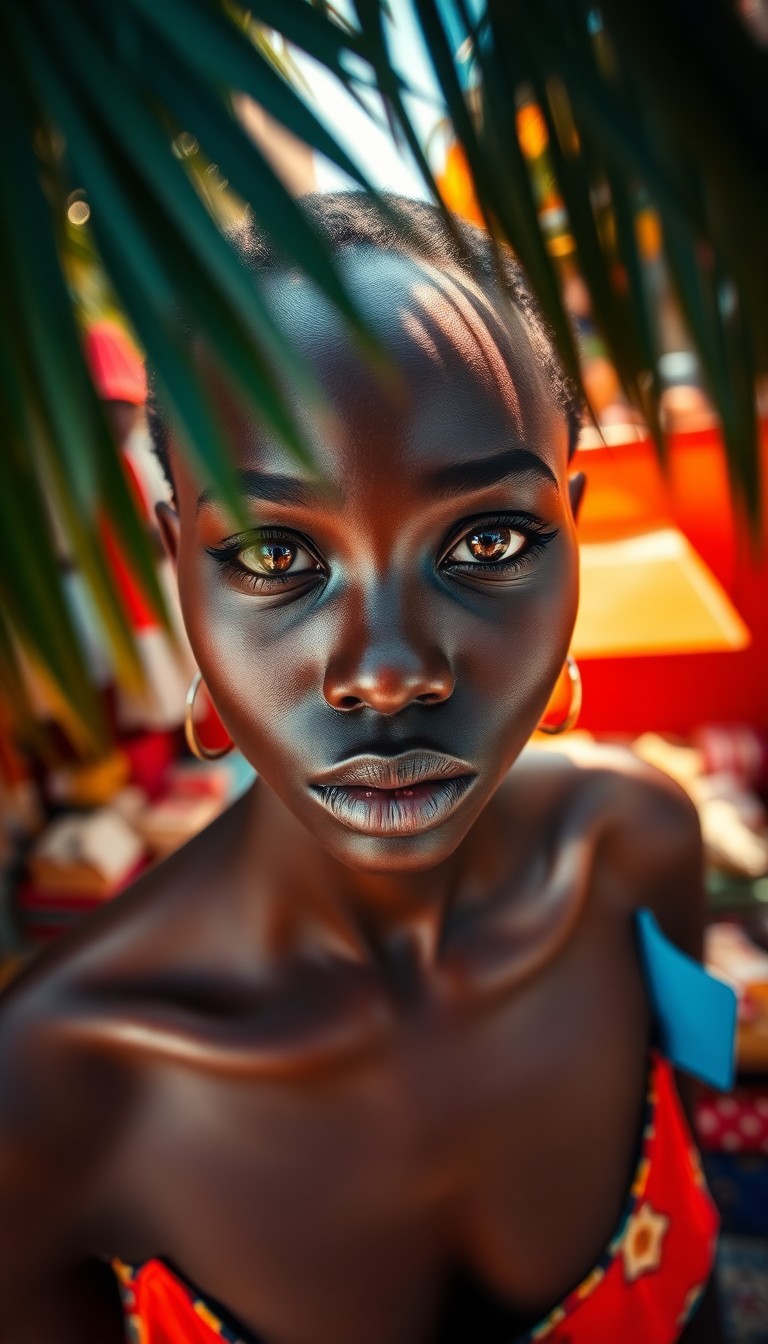 AI generated art for prompt: A portrait photograph captures an enigmatic young African woman with striking high cheekbones and ra