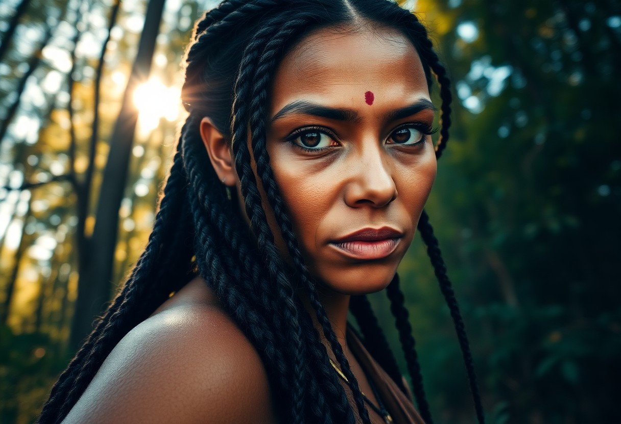 AI generated art for prompt: A photorealistic portrait captures the enigmatic allure of a Native American woman with deep brown e