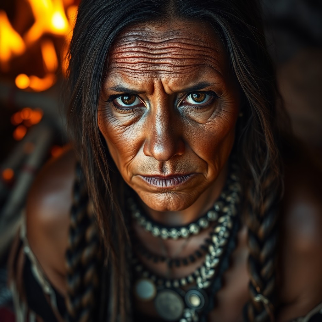 AI generated art for prompt: Capture a photorealistic portrait of an enigmatic Native American woman with deep, contemplative eye