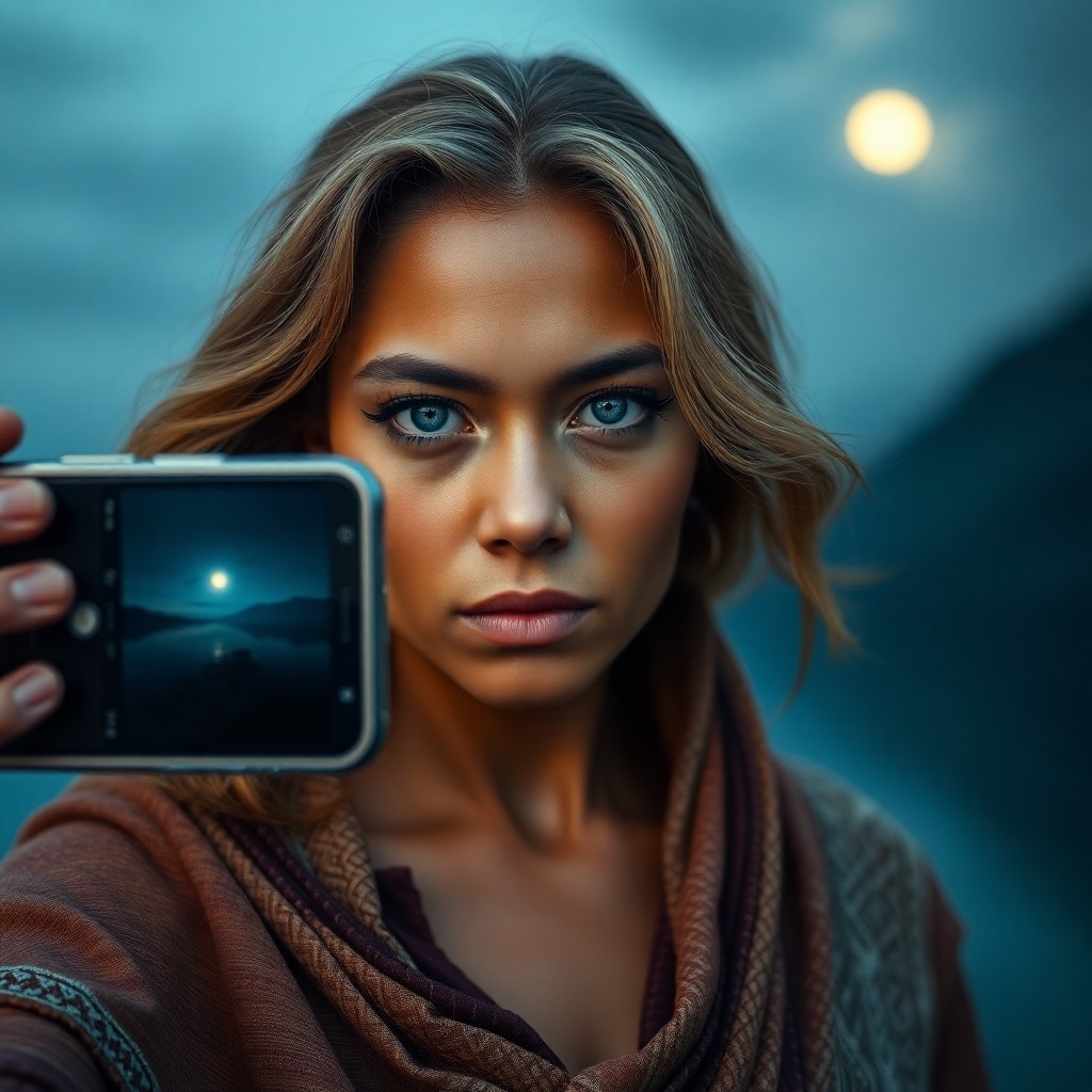 AI generated art for prompt: A smartphone camera captures a captivating portrait of a Pacific Islander woman with piercing blue e