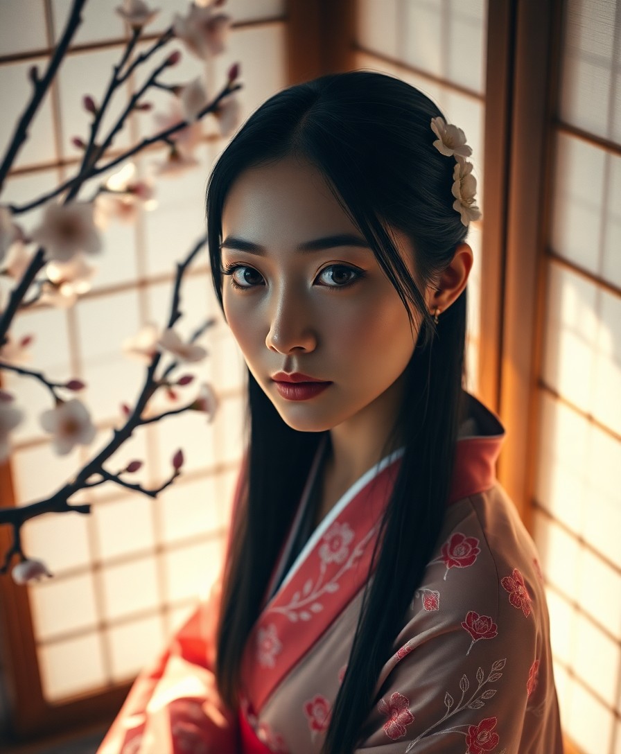 AI generated art for prompt: A portrait photograph showcases an enigmatic East Asian woman with deep brown eyes and sleek jet-bla