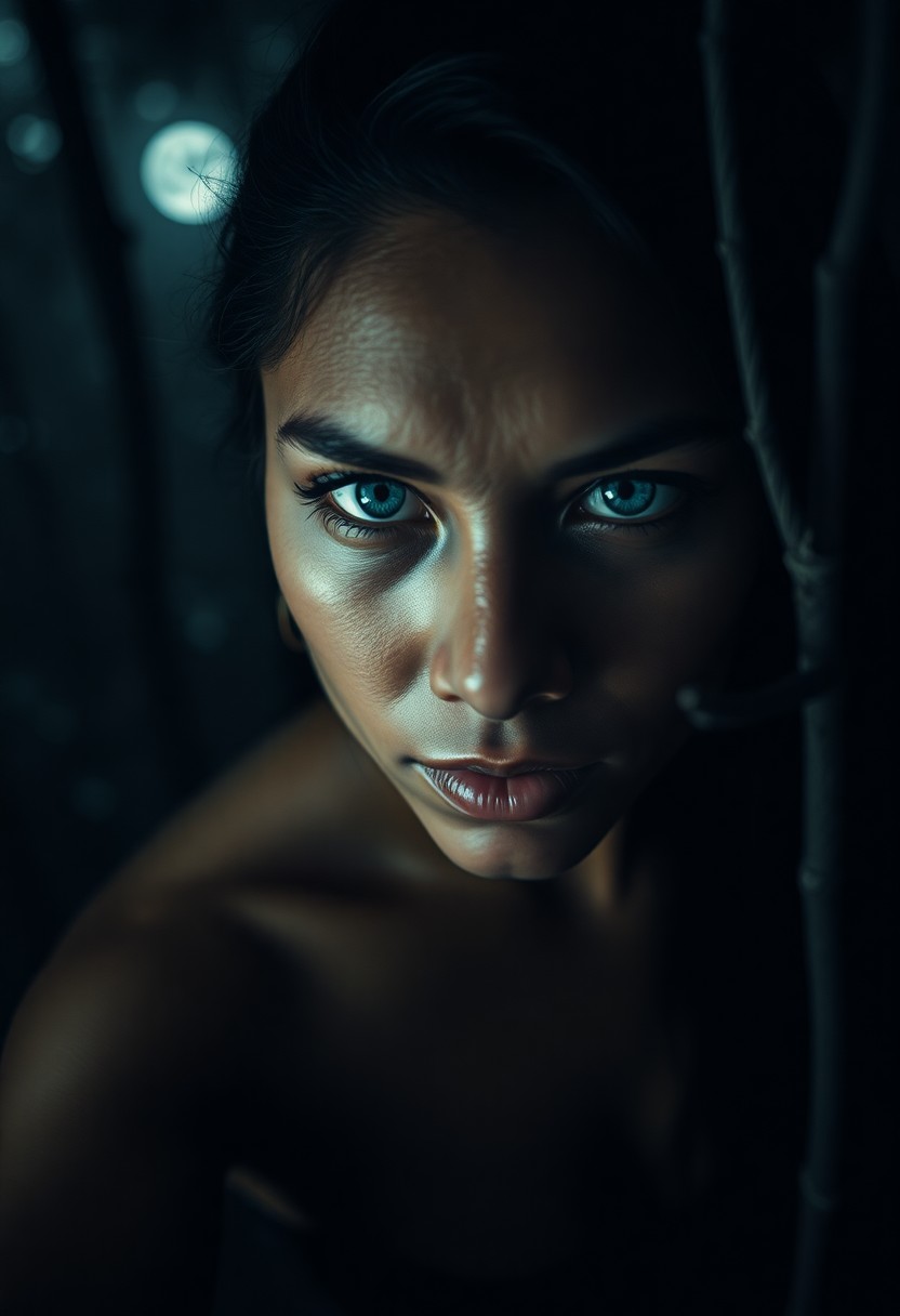 AI generated art for prompt: Imagine a captivating portrait photograph of an enigmatic Pacific Islander woman with striking blue 