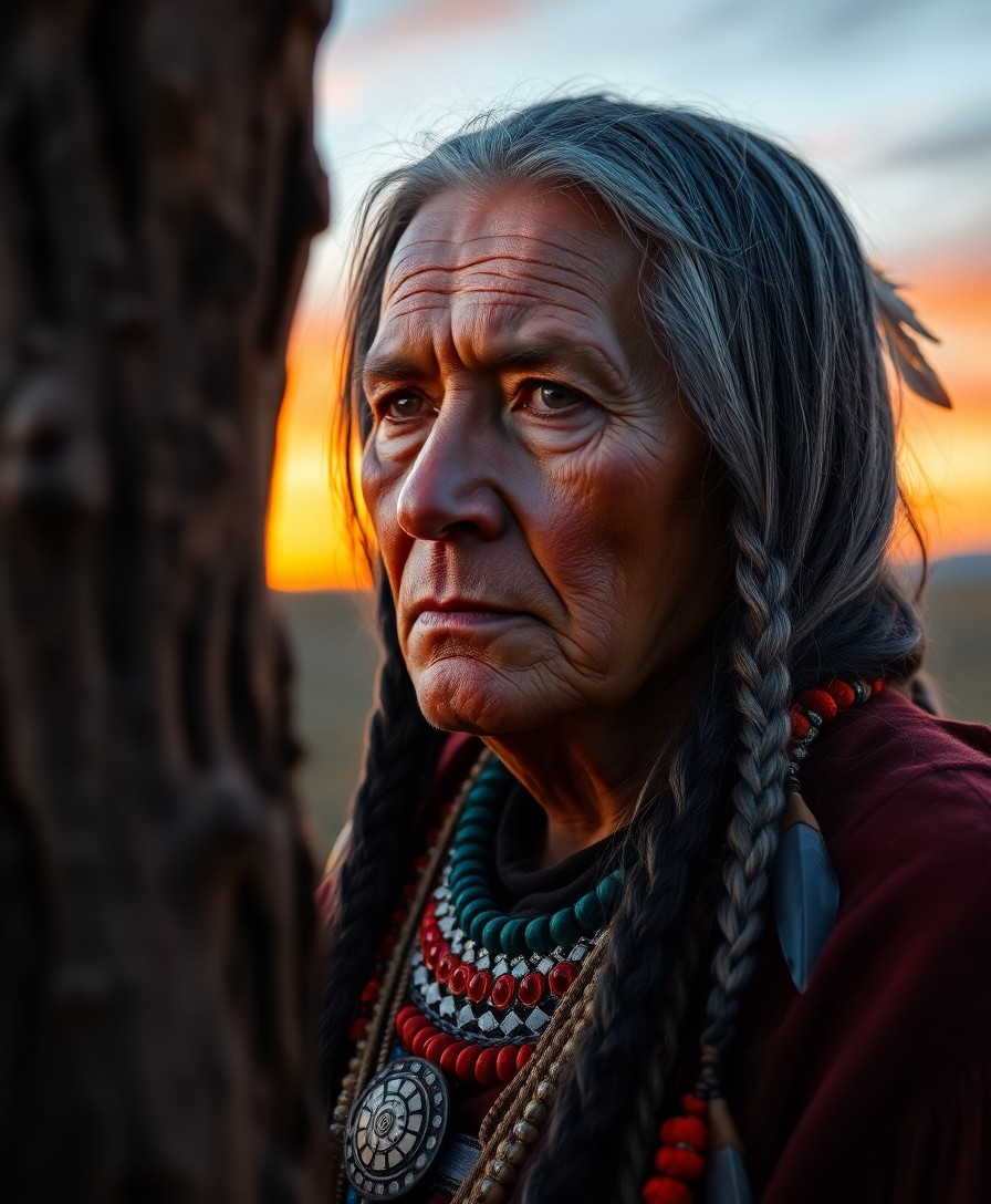 AI generated art for prompt: A serene portrait of a Native American elder with wise eyes framed by long silver braids emerges fro