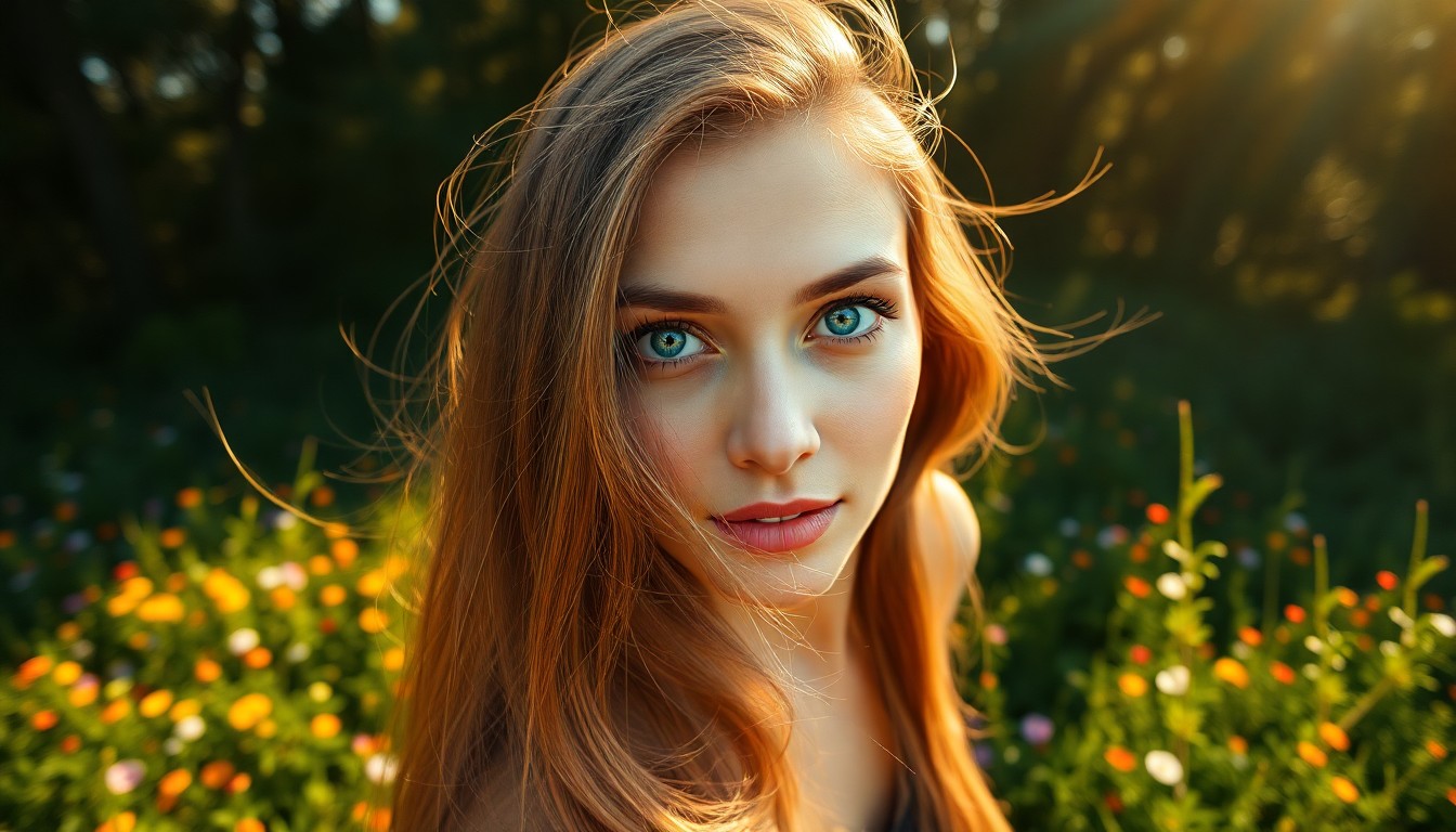 AI generated art for prompt: A DSLR captures an enigmatic South Asian woman from above, her striking blue eyes and long golden-br