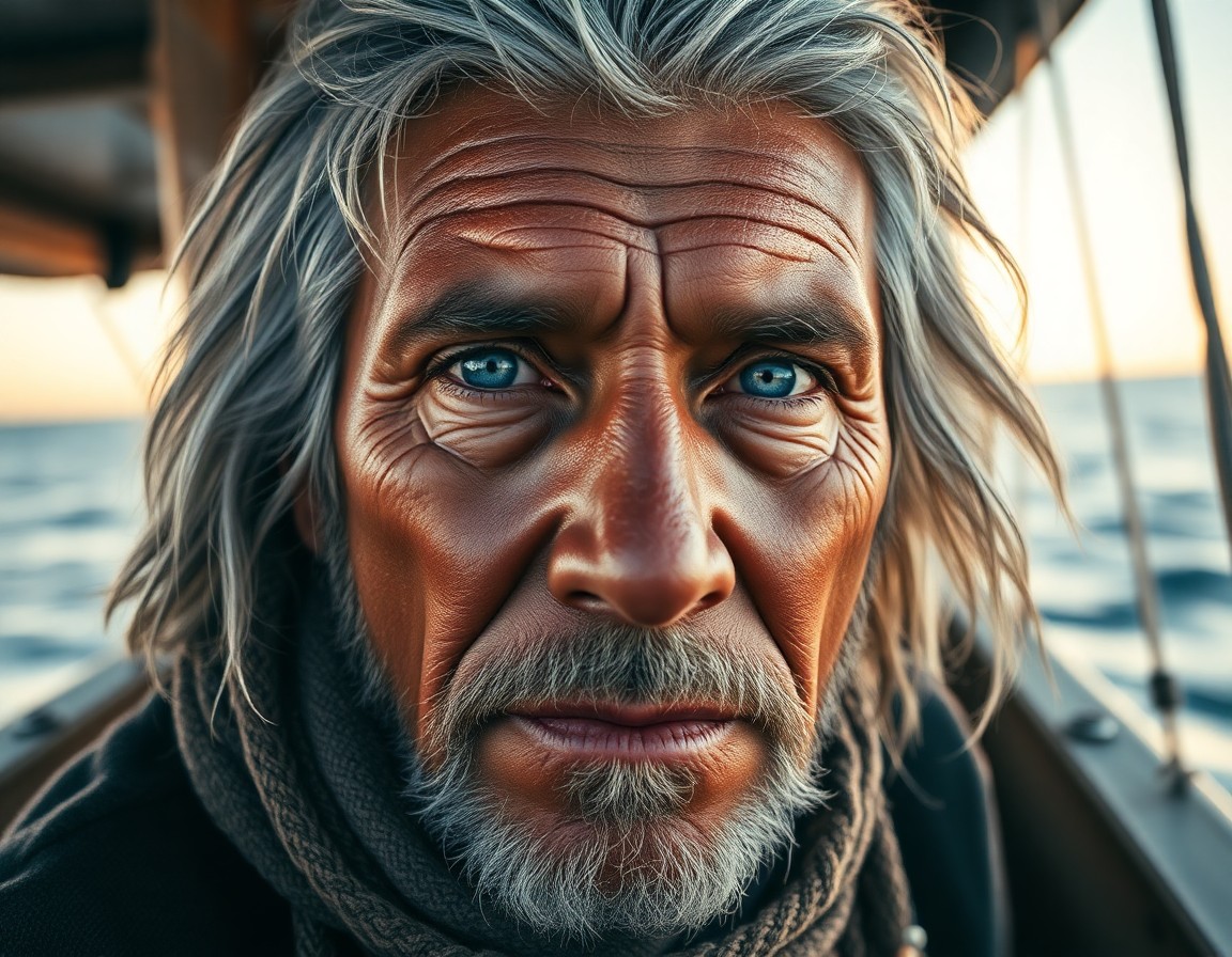 AI generated art for prompt: A photorealistic portrait photograph captures an aged Native American fisherman with piercing ice-bl