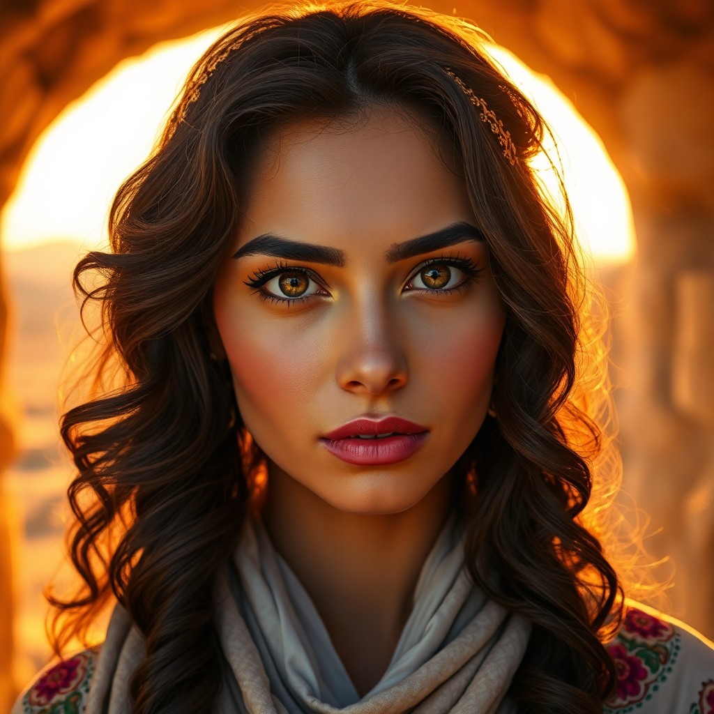 AI generated art for prompt: A photorealistic portrait photograph captures the captivating gaze of a Middle Eastern woman with st