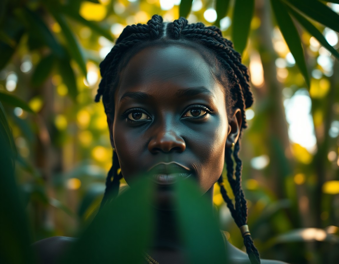 AI generated art for prompt: Envision a portrait photograph of an African woman exuding tranquility with her captivating amber ey