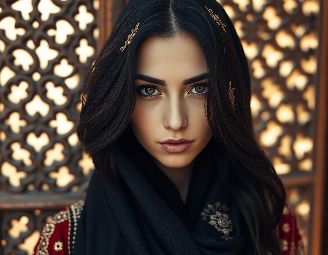 AI generated art for prompt: A photorealistic portrait photograph showcases a Middle Eastern woman's enigmatic presence, her capt