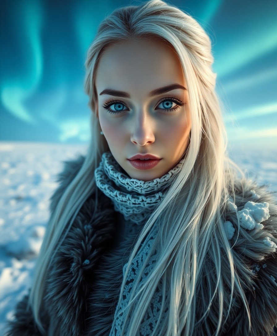 AI generated art for prompt: Envision a photorealistic portrait of an enchanting Nordic woman with piercing blue eyes and silvery