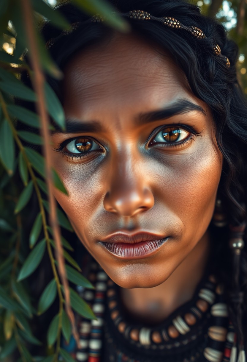 AI generated art for prompt: Craft a photorealistic portrait of a Native American woman with deep brown eyes and dark wavy hair a