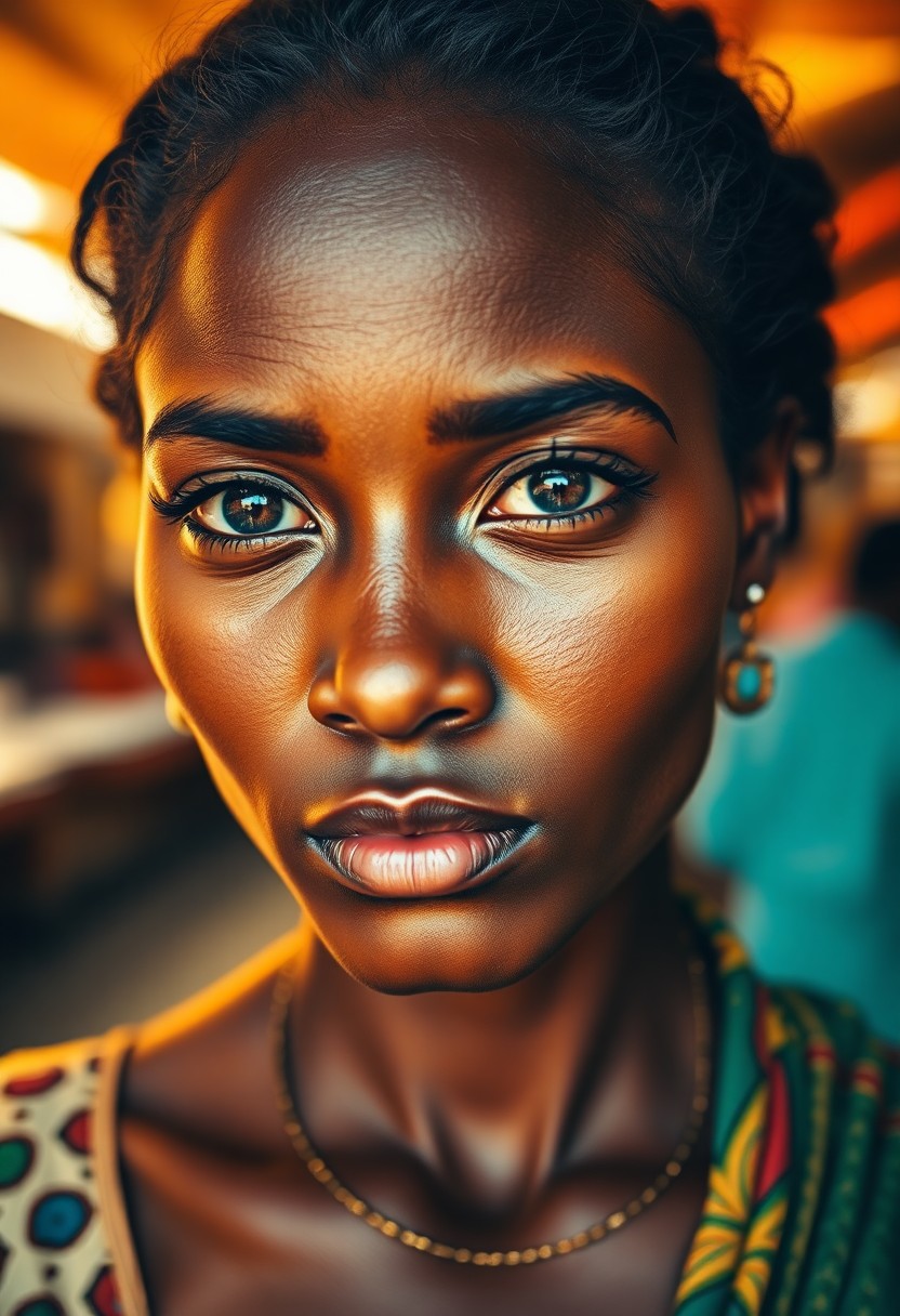 AI generated art for prompt: A photorealistic portrait photograph showcases an African woman's pensive gaze, her warm skin tones 