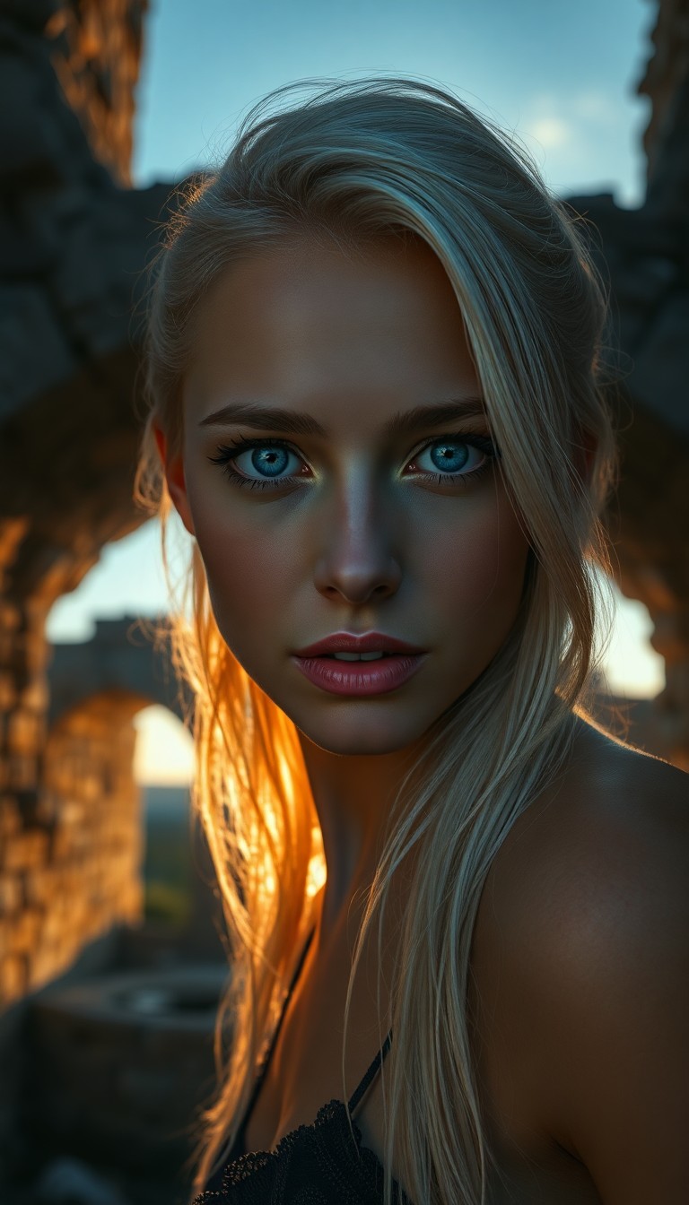 AI generated art for prompt: Envision a hyperrealistic portrait of an enigmatic Slavic woman with captivating blue eyes and radia