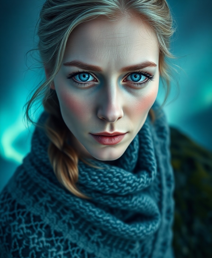 AI generated art for prompt: A hyperrealistic portrait captures the enigmatic essence of a Nordic woman with captivating blue eye